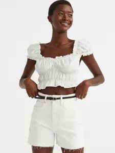 H&M Women White Solid High Waist Denim Shorts