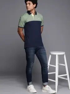 Louis Philippe Men Navy Blue & Green Colourblocked Polo Collar T-shirt