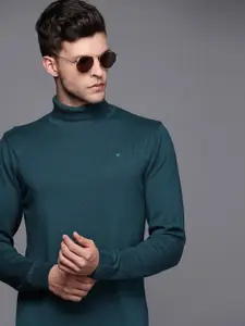 Louis Philippe Men Teal Green Solid Cotton Pullover
