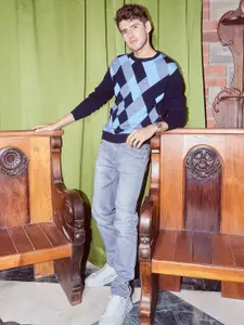 Crimsoune Club Men Navy Blue & Grey Printed Pullover