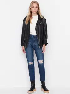 Trendyol Women Navy Blue Cotton Mildly Distressed Light Fade Jeans