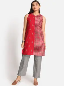Earthwear Red Embroidery Checked Short Kurti