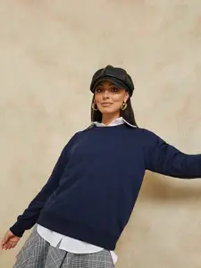 Styli Women Navy Blue Drop Shoulder Oversized Longline Sweatshirt