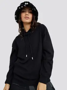 Styli Women Black Longline Solid Regular Fit Hoodie Sweatshirt