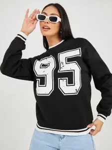 Styli Women Black Printed Front Graphic Longline Regular Fit Sweatshirt