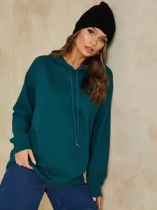 Styli Women Green Solid Regular Fit Longline Hooded Sweatshirt