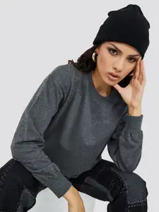 Styli Women Grey Solid Regular Fit Regular Length Sweatshirt