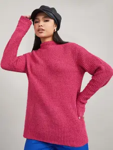 Styli Women Pink Chunky Cable Knit Mixed Yarn Regular Fit Longline Sweater