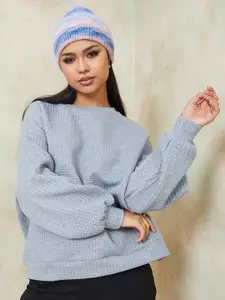 Styli Women Grey Textured Regular Length Oversized Sweatshirt