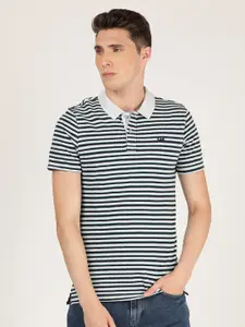 Lee Men Grey & Navy Blue Striped Polo Collar Slim Fit Cotton T-shirt