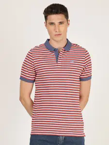 Lee Men Red & Grey Striped Polo Collar Slim Fit Cotton T-shirt
