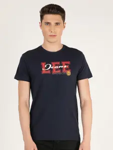 Lee Men Navy Blue Typography Printed Slim Fit Cotton T-shirt