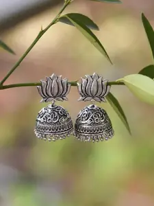 FIROZA Oxidised Silver-Toned Lotus-Shaped Handcrafted Jhumkas