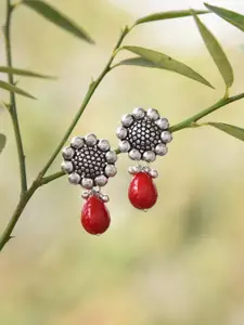 FIROZA Oxidised Silver-Toned & Red Handcrafted Floral Drop Earrings