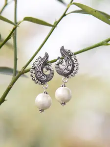FIROZA Oxidised Silver-Toned & Off-White Handcrafted Peacock-Shaped Drop Earrings