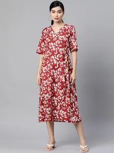Indibelle Maroon & White Floral Pure Cotton Midi A-Line Dress
