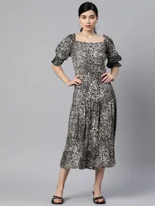 Indibelle Black Animal Print Midi Tiered Dress