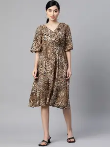 Indibelle Women Brown & Black Animal Print Flared Sleeves A-Line Dress