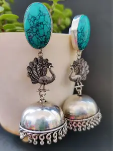 FIROZA Oxidised Silver-Toned & Green Handcrafted Dome-Shaped Jhumkas
