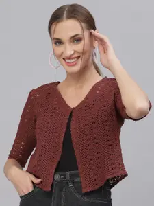 Style Quotient Women Maroon Self Design Crop Knitted Shrug