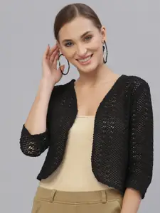 Style Quotient Women Black Self Design Cotton Shrug