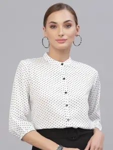 Style Quotient White & Black Polka Dot Print Mandarin Collar Shirt Style Top