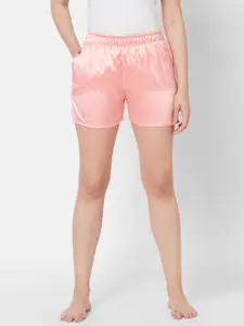 SDL by Sweet Dreams Women Peach & White Printed Satin Lounge Shorts