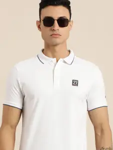 Being Human Men White Solid Polo Collar Pure Cotton Slim Fit T-shirt With Brand Logo Print