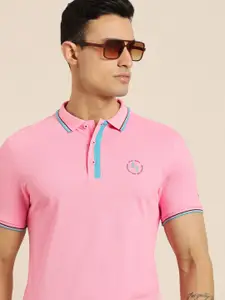 Being Human Men Pink Solid Polo Collar Pure Cotton Slim Fit T-shirt With Brand Logo Print