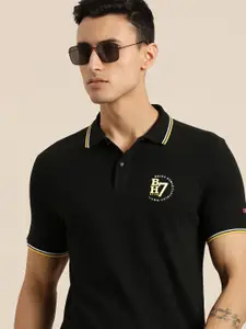 Being Human Men Black Solid Polo Collar Pure Cotton Slim Fit T-shirt With Brand Logo Print