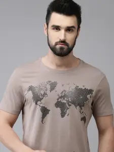 Arrow Men Taupe Brown & Black World Map Print Round Neck Pure Cotton Knitted T-shirt