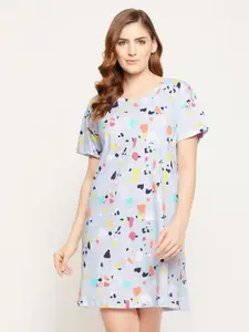 Clovia Clovia Grey And Orange Abstract Printed Pure Cotton Short Nightdress