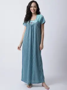 Secret Wish Women Blue Striped Maxi Nightdress