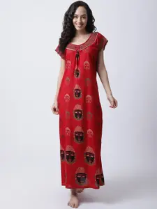 Secret Wish Women Red Printed Maxi Nightdress