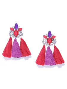Blueberry Purple & Red Stone-Studded Tassel Drop Earrings