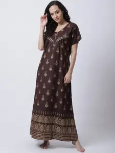 Secret Wish Women Brown Printed Pure Cotton Maxi Nightdress