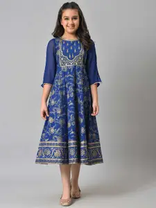 AURELIA Girls Blue Ethnic Motifs A-Line Midi Dress