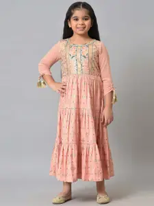 AURELIA Peach-Coloured Floral Maxi Ethnic Dress