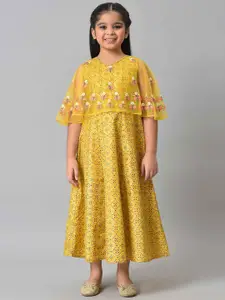 AURELIA Girls Yellow & Pink Floral Printed Satin A-Line Midi Dress