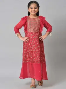 AURELIA Girls Pink Ethnic Motifs Satin Maxi Maxi Dress