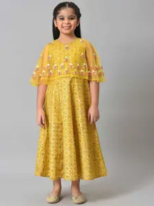 AURELIA Girls Yellow Floral Satin A-Line Midi Dress