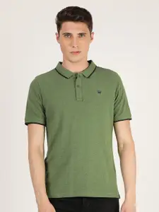 Wrangler Men Green Solid Polo Collar T-shirt