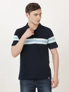 Wrangler Men Blue & Navy Blue Striped Polo Collar Cotton T-shirt