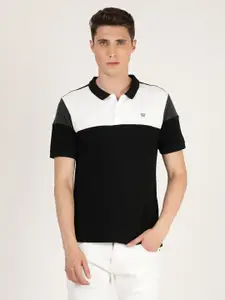 Wrangler Men Black & White Colourblocked Cotton Polo Collar T-shirt