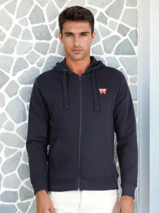 Wrangler Men Navy Blue Solid Hooded Sweatshirt