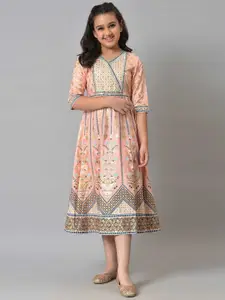 AURELIA Girls Pink Ethnic Motifs Embroidered Ethnic Dress