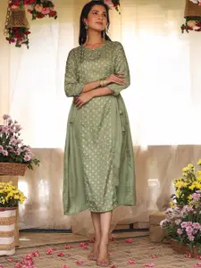 SCAKHI Women Green Foil Printed A-Line Midi Ethnic Dresses