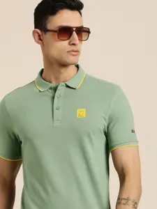 Being Human Men Green Solid Polo Collar Pure Cotton Slim Fit T-shirt With Brand Logo Print