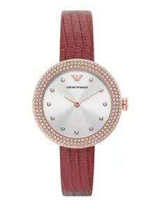 Emporio Armani Women Silver-Toned Embellished Leather Analogue Watch AR11438