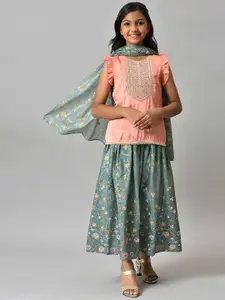 AURELIA Girls Peach-Coloured & Green Embellished Top with Skirt With Dupatta